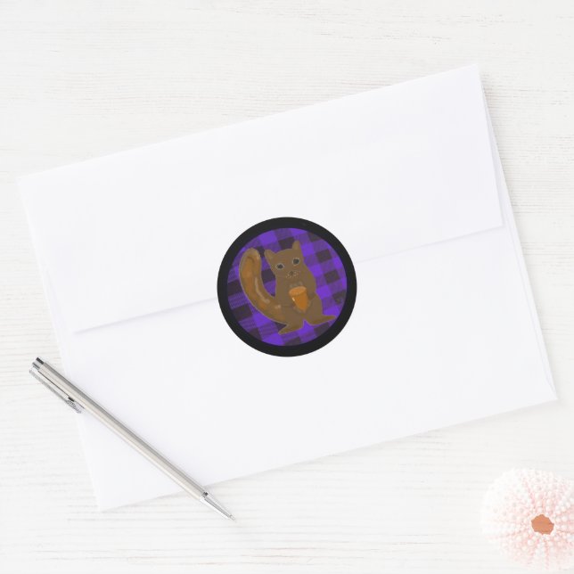 Autocollant rond violet écureuil de forêt à carrea (Enveloppe)