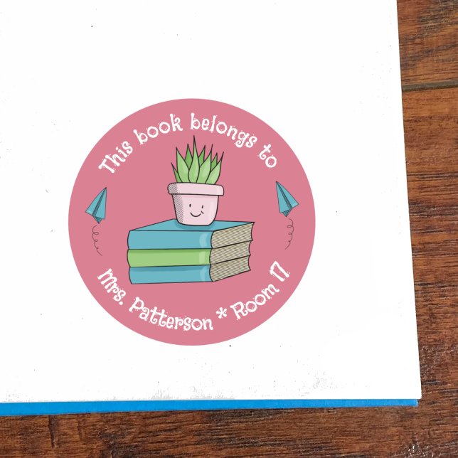 Autocollant Rose Doodle de Bibliothèque de Classe  (Custom classroom library pink round sticker .)