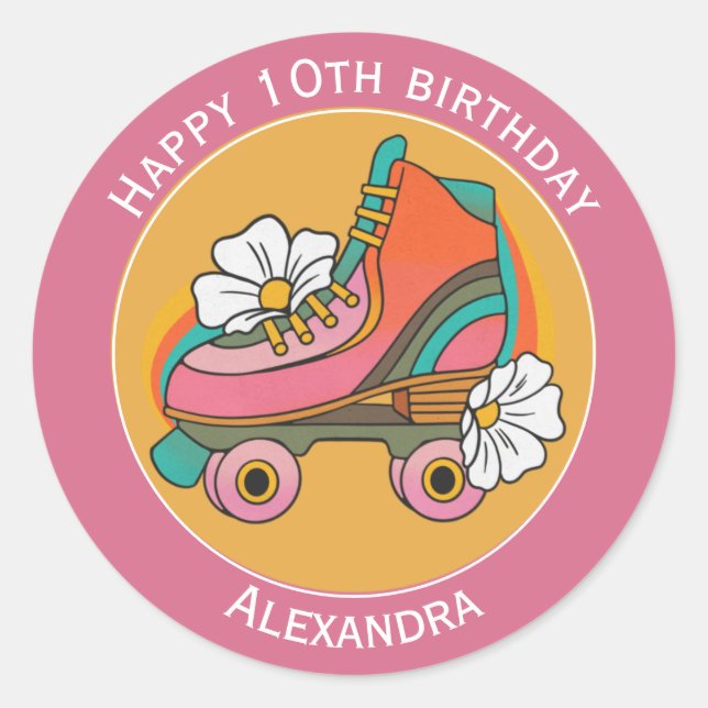 Autocollant rose mignon roller skate nom d'anniver (Devant)
