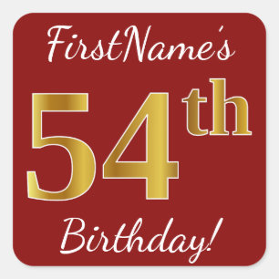 Autocollant Rouge, Faux Or 54e Anniversaire + Nom