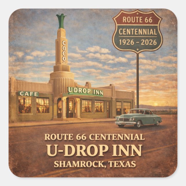 Autocollant routier rétro Route 66 Shamrock Texas (Devant)