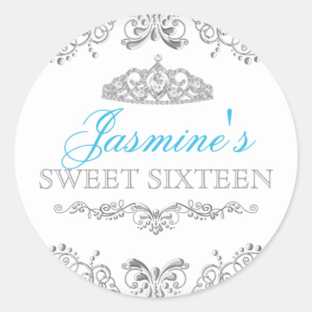 Autocollant Silver White Damask & Tiara Sweet 16 (Devant)