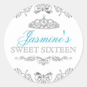 Autocollant Silver White Damask & Tiara Sweet 16