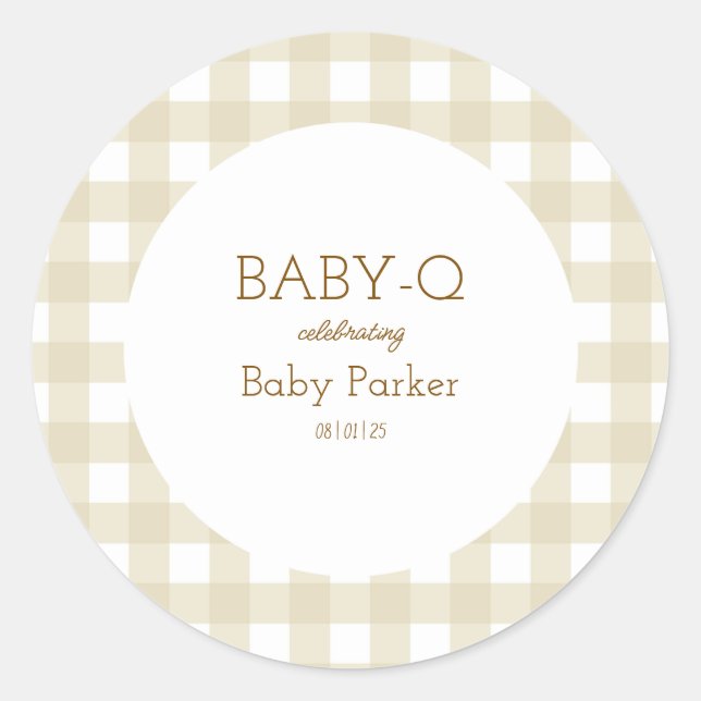 Autocollant simple gingham beige pour Baby Shower (Devant)