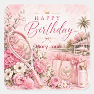Autocollant Tennis Anniversaire Floral Aquarelle R