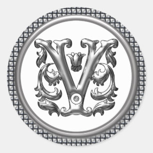 Autocollant V rond initial en argent