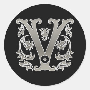 Autocollant V rond initial en argent