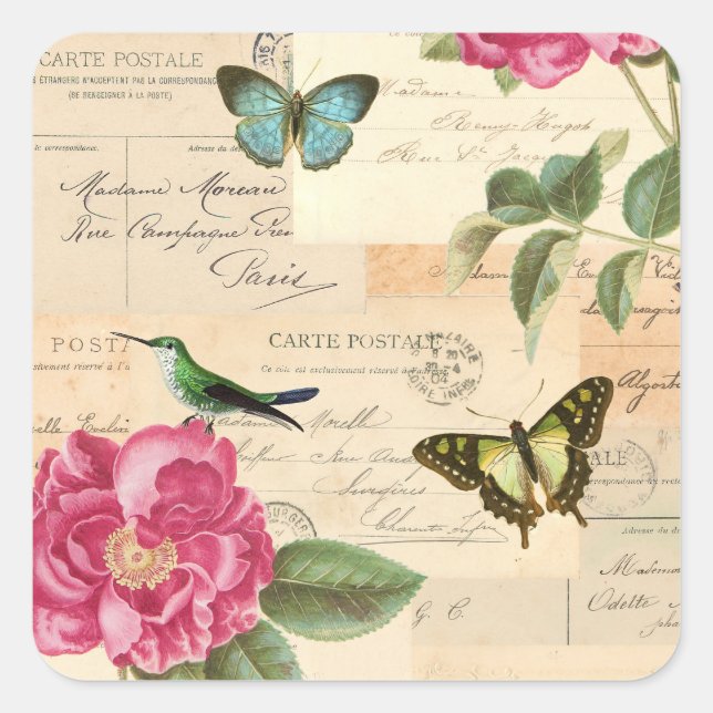 Autocollant vintage avec roses et papillons (Devant)
