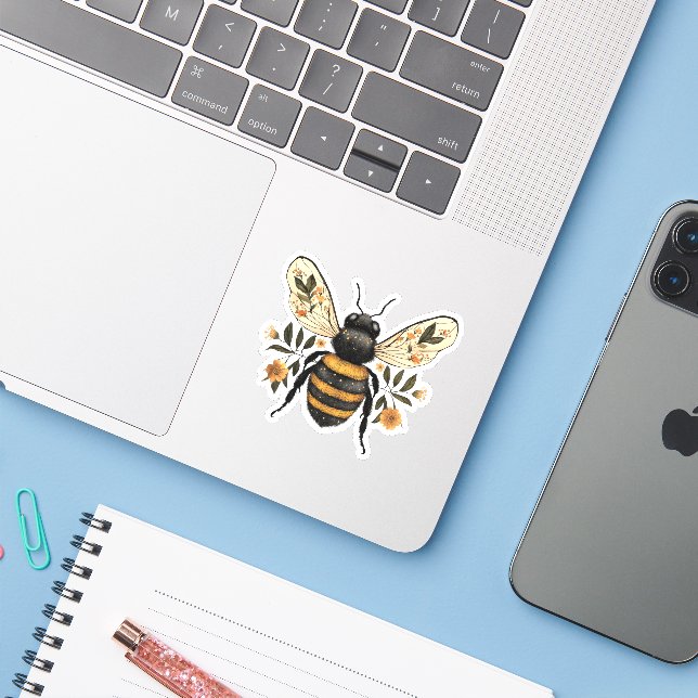 Autocollant vinyle abeille florale fantaisiste (Ordinateur portable avec iPhone)