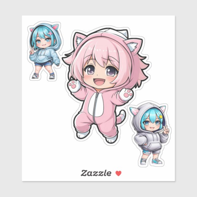 Autocollant vinyle de fille mignonne en anime chib (Feuille)