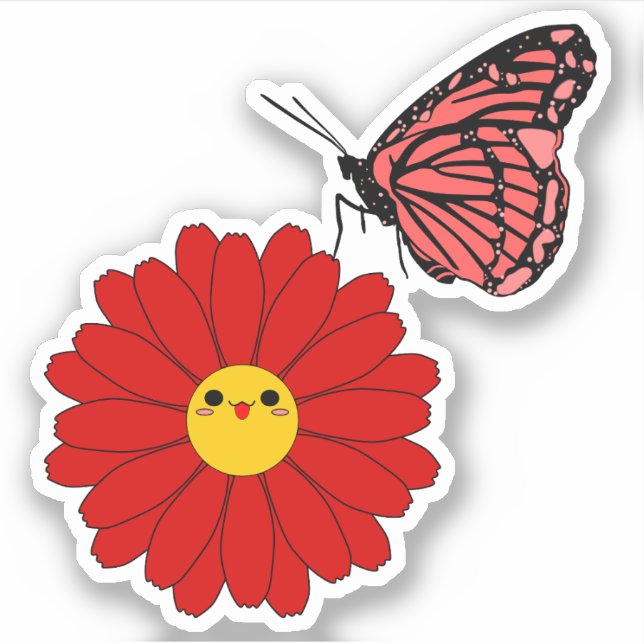Autocollant vinyle Kawaii Red Daisy avec papillon (Devant)