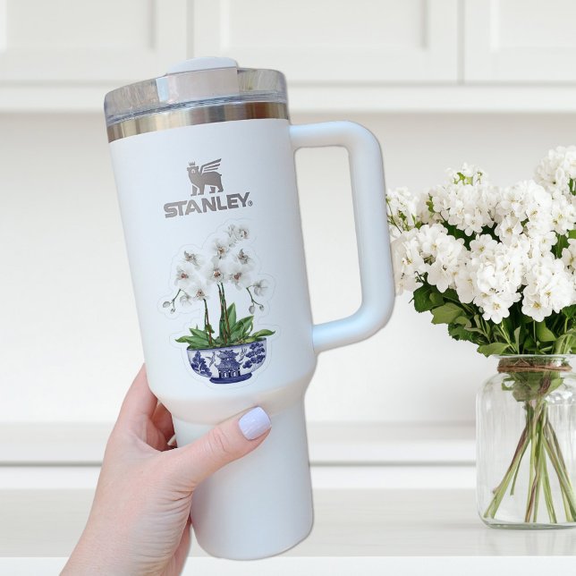 Autocollant vinyle Orchidée blanche Chinoiserie av (white orchid in chinoiserie bowl sticker on Stanley)