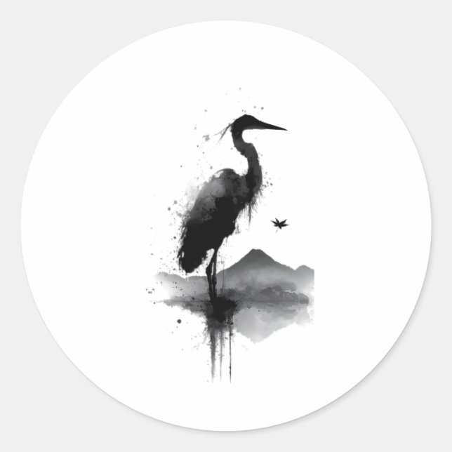 Autocollant Zen Grue Sumi-e Japonais (Devant)