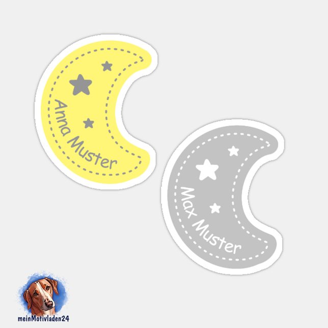 Autocollants | 24 Étiquette (Konturgeschnittene Namensaufkleber für Kinder - Kleiner Mond in gelb und grau, personalisierbar )