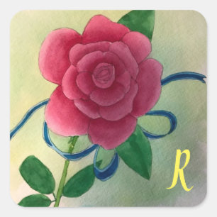 Autocollants aquarelle Monogramme Rose Rose Ruban 