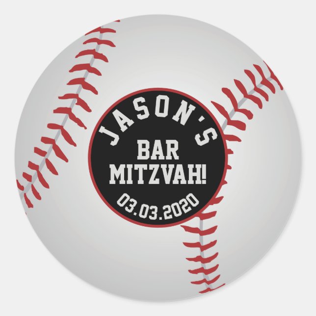 Autocollants Bar Mitzvah Baseball Rouge Blanc Noir (Devant)