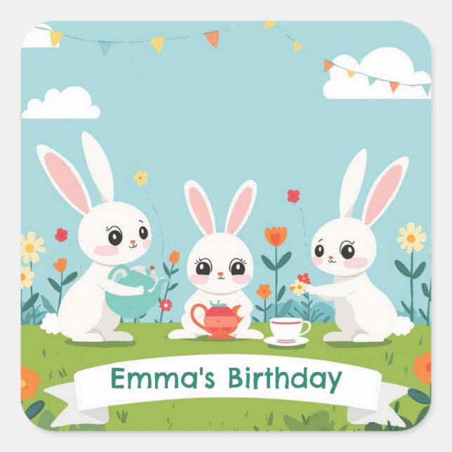 Autocollants Bunny Tea Party | Joyeux Anniversaire (Devant)