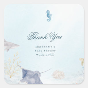 Autocollants carrés Baby Shower Sea You Soon Rococ