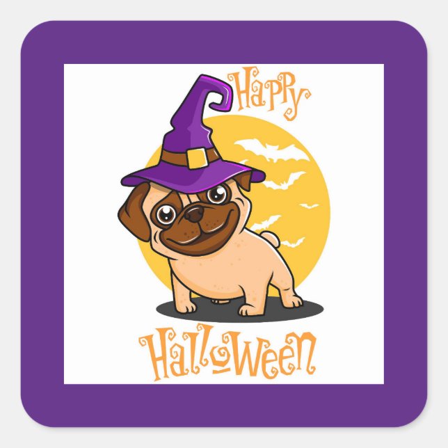 Autocollants carrés de sorcière de Halloween Pug (Devant)