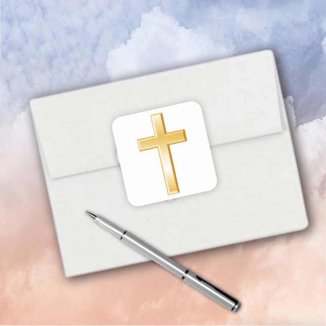 Autocollants carrés en or Croix chrétienne (Christian Cross Gold Square Stickers for all your correspondence.
)