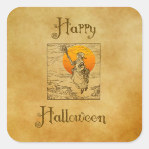 Autocollants carrés sorcière Halloween vintage