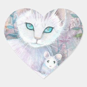 Autocollants Chat Blanc et Cœur de Souris