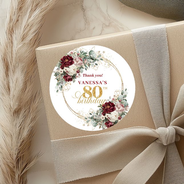 Autocollants Chic Blush Bourgogne 80e Anniversaire (Chic Blush Burgundy 80th Birthday Stickers)