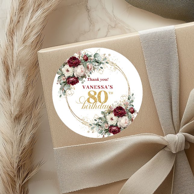 Autocollants Chic Floral Fardée Bourgogne 80e Anni (Chic Floral Blush Burgundy 80th Birthday Stickers)
