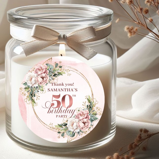 Autocollants de 50e anniversaire Rose Botanique Él (Chic Botanical Blush Pink 50th Birthday Stickers)