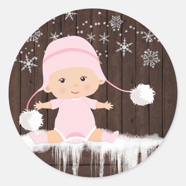 Autocollants de Baby Shower Flocon de Neige Rose (Devant)