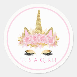 Autocollants de Baby Shower Licorne Rose et Or Mig
