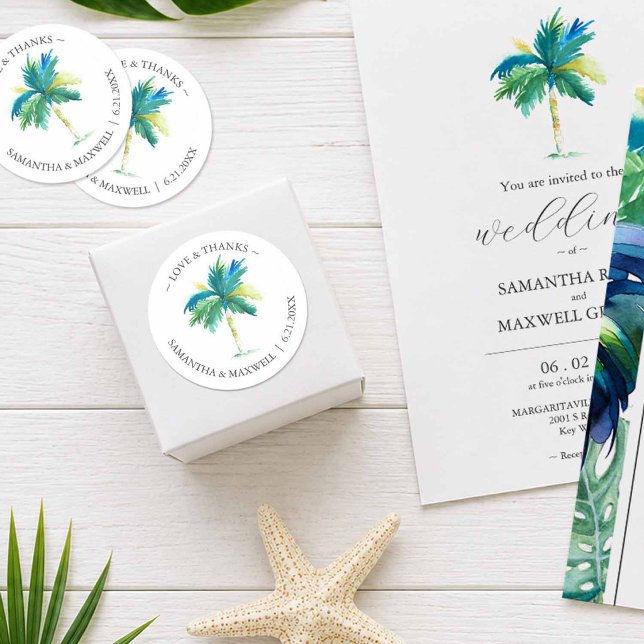 Autocollants de cadeaux de mariage pour destinatio (Wedding favor stickers for tropical destination weddings with palm tree art)