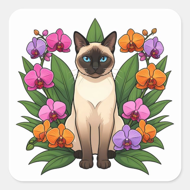 autocollants de chat siamois de fleurs exotiques (Devant)