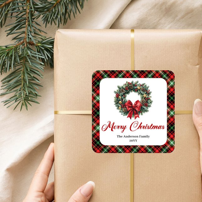 Autocollants de couronne de Noël à carreaux verts  (Festive Red Green Plaid Christmas Wreath Stickers)