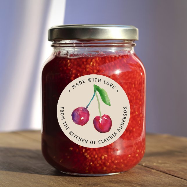 Autocollants de cuisine Rustic Cherry Made With Lo (This cherry jam label features two watercolor cherries -- my own original hand-painted artwork.)