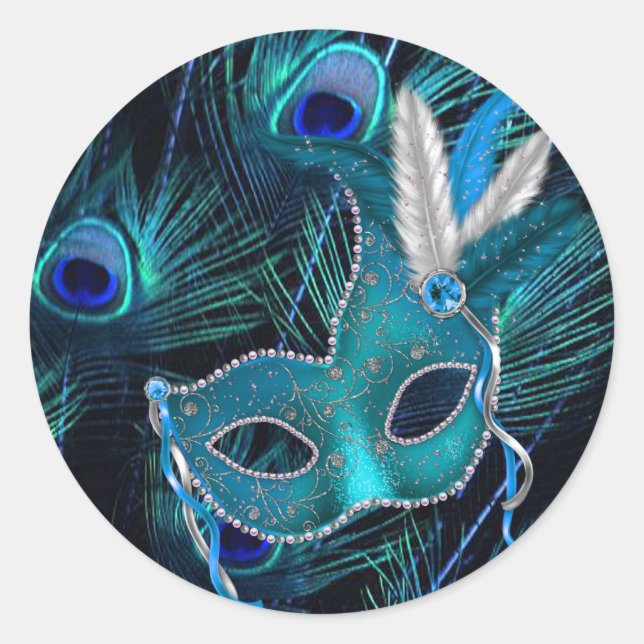 Autocollants de fête masquée Paon Bleu sarcelle (Devant)