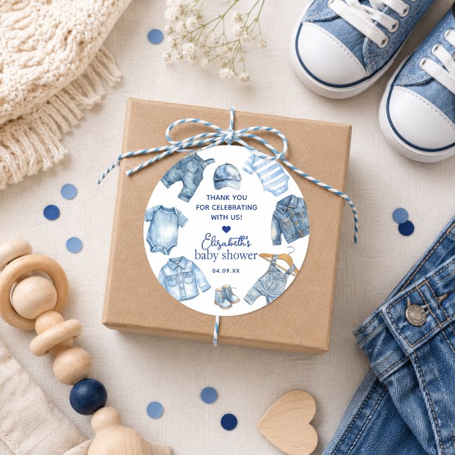 Autocollants de fête prénatale sur le thème du den (Blue Jean Baby Denim Themed Baby Shower Stickers)