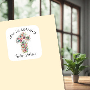 Autocollants de livres, bibliothèque croix florale