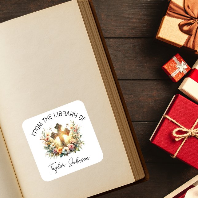 Autocollants de livres, bibliothèque croix florale (Créateur téléchargé)