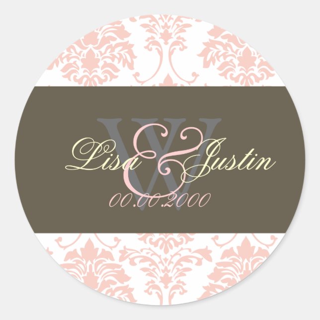 Autocollants de mariage à monogramme Damask rose (Devant)