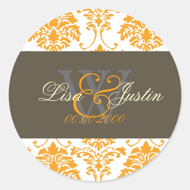Autocollants de mariage à monogramme damassé orang (Devant)
