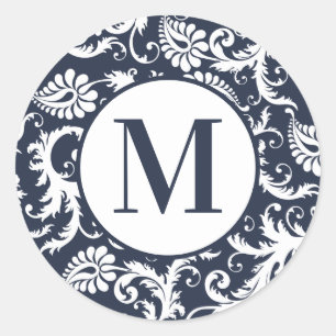 Autocollants de mariage à monogramme en damas aqua