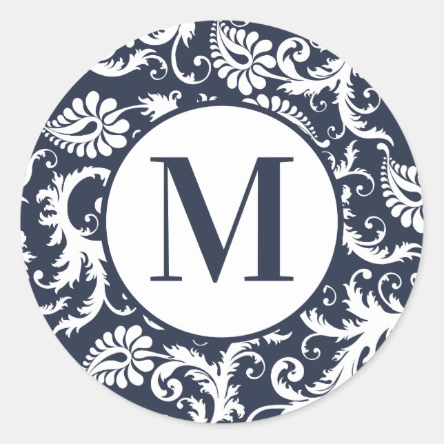 Autocollants de mariage à monogramme en damas aqua (Devant)