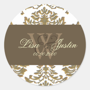 Autocollants de mariage à monogramme en Damask or