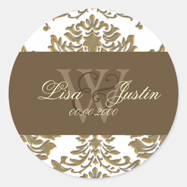 Autocollants de mariage à monogramme en Damask or  (Devant)