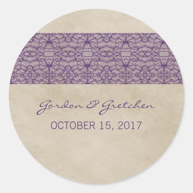 Autocollants de mariage en dentelle violet rustiqu (Devant)
