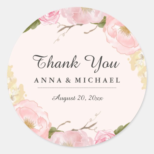 Autocollants de mariage floraux botaniques rose bl (Devant)