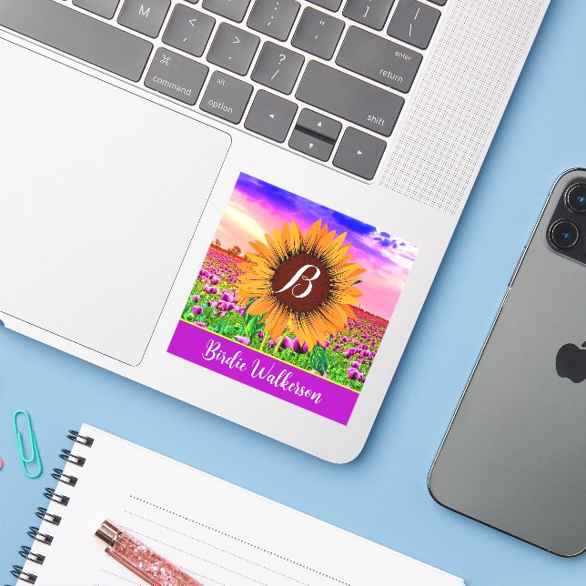 Autocollants de nom complet floral (Tournesol mono (Ordinateur portable avec iPhone)