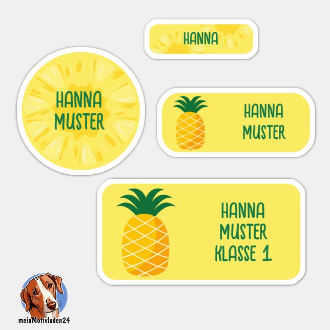 Autocollants de nom d'ananas exotiques – Set de 24 (24 verschiedene Namensaufkleber - Motiv: Ananas)