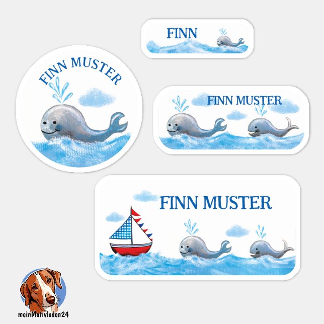 Autocollants de nom de baleines peints à la main - (24 verschiedene handgemalte Namensaufkleber - Motiv: Wale)